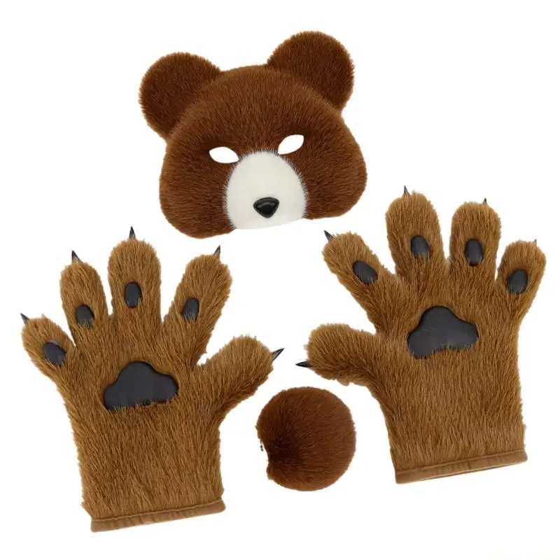 

31BF комплект костюмов медведя из 3 предметов, маска медведя, хвост, медвежьи лапы, перчатки для Хэллоуина, Рождественской для и