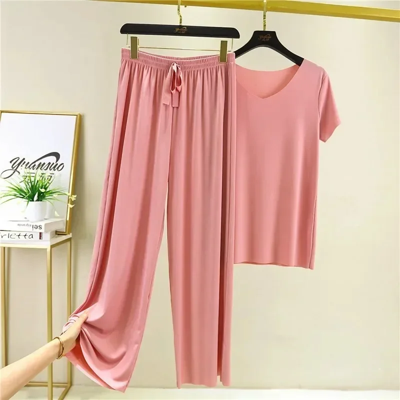 Women\'s Pajamas 2 Piece Loose Pants Set Solid Color Casual Plus Size 2X Sleepwear Short Sleeve Simple Homewear