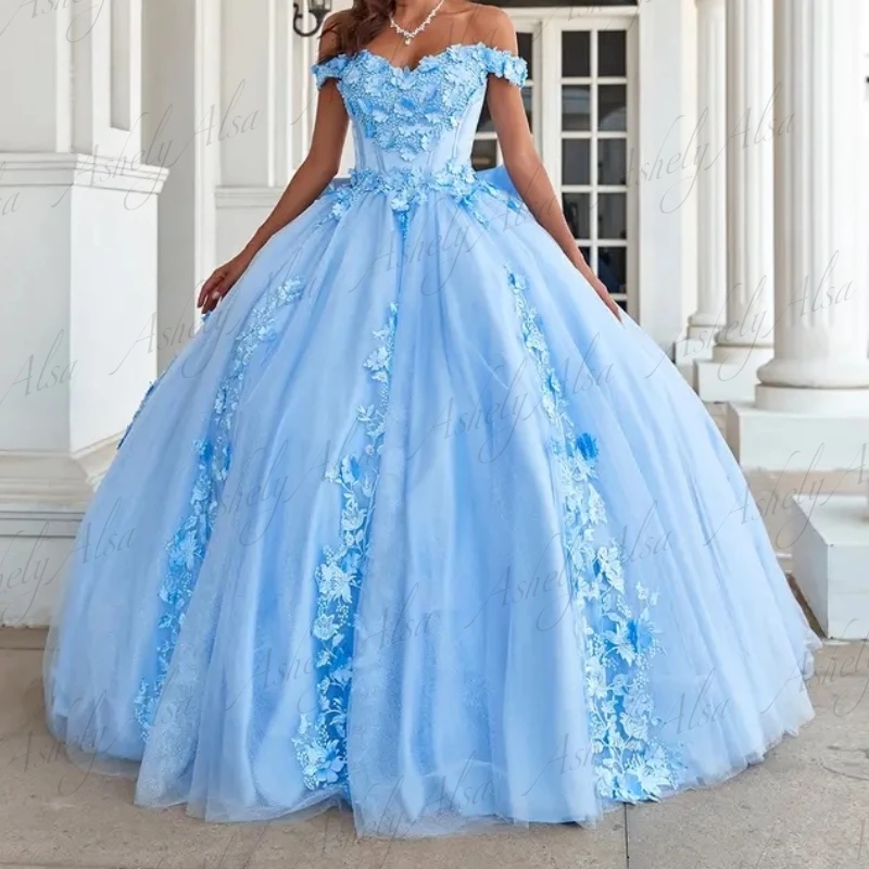 Customized Luxury Princess Girl Quinceanera Dresses Cap Sleeve 3D Flower Applique Bow Ball Gown Prom Party Dress Dancing Wear