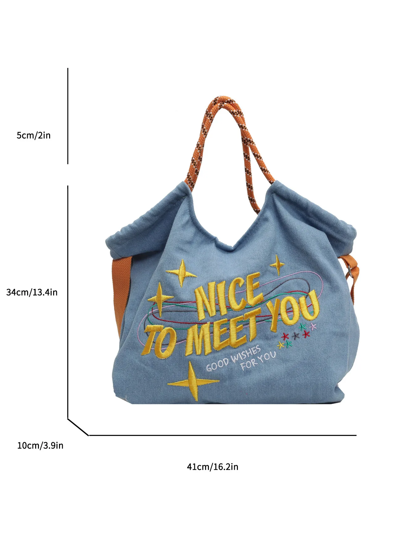 Large capacity embroidered letter crossbody bag for women, casual denim cloth bag, large capacity canvas tote bag