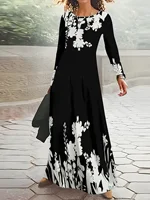 Vestido casual con diseño estampado, estampado floral blanco sobre vestido negro, vestido de manga larga