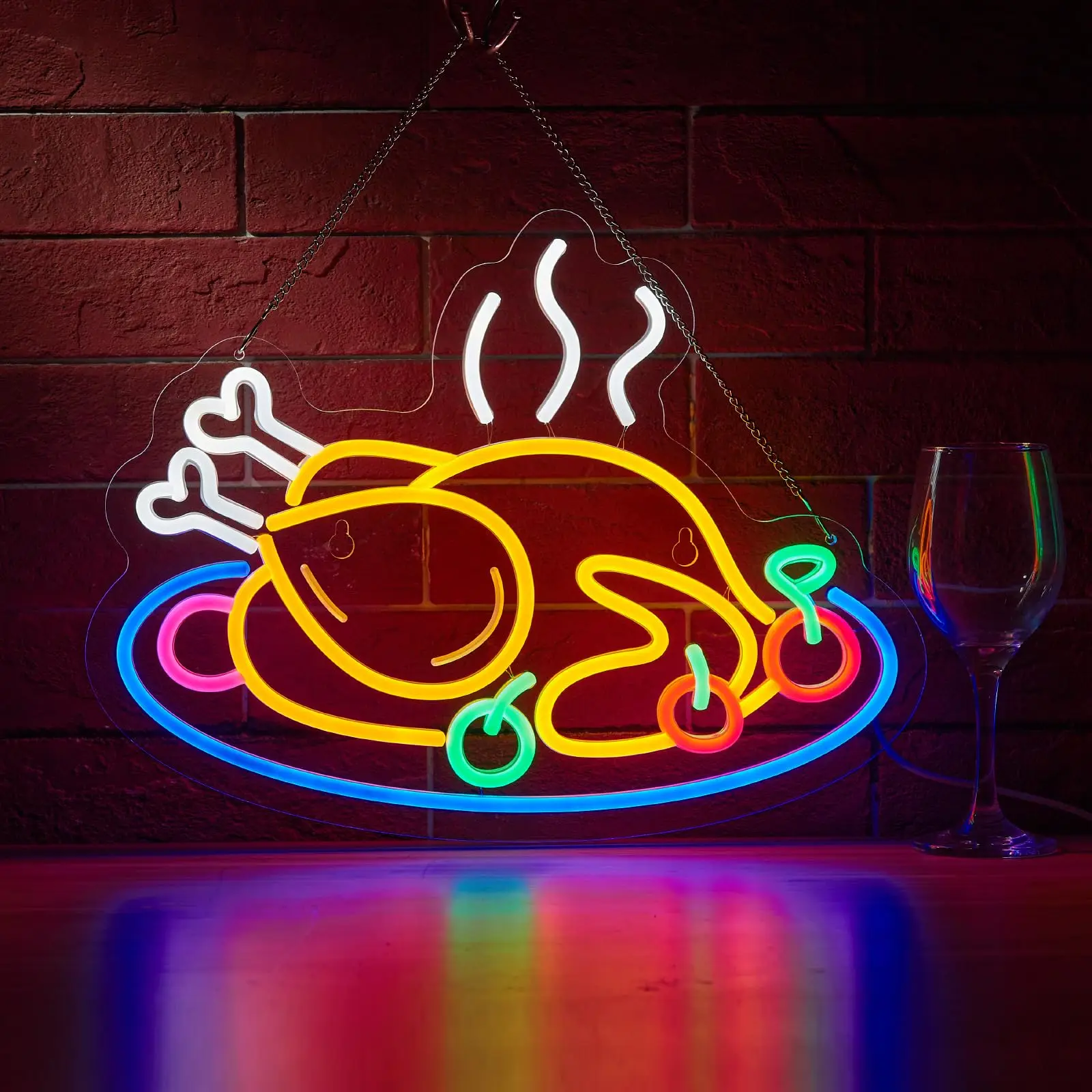 Grilled Chicken LED Neon Sign for Wall Decor Roast Chicken Shop USB Power Dimmable Switch for Thanksgiving Party Flame Art Decor