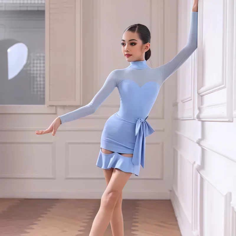 

customized women's adult girls Latin dance costumes mesh hollow out long sleeves modern national standard dance performance suit