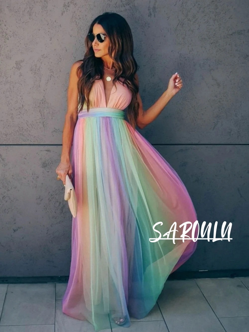 Rainbow Ombre Tulle Maxi Dress Deep V Neck Spaghetti Strap Flowy A-line Beach Party Dress For Women Summer Boho Formal Gown