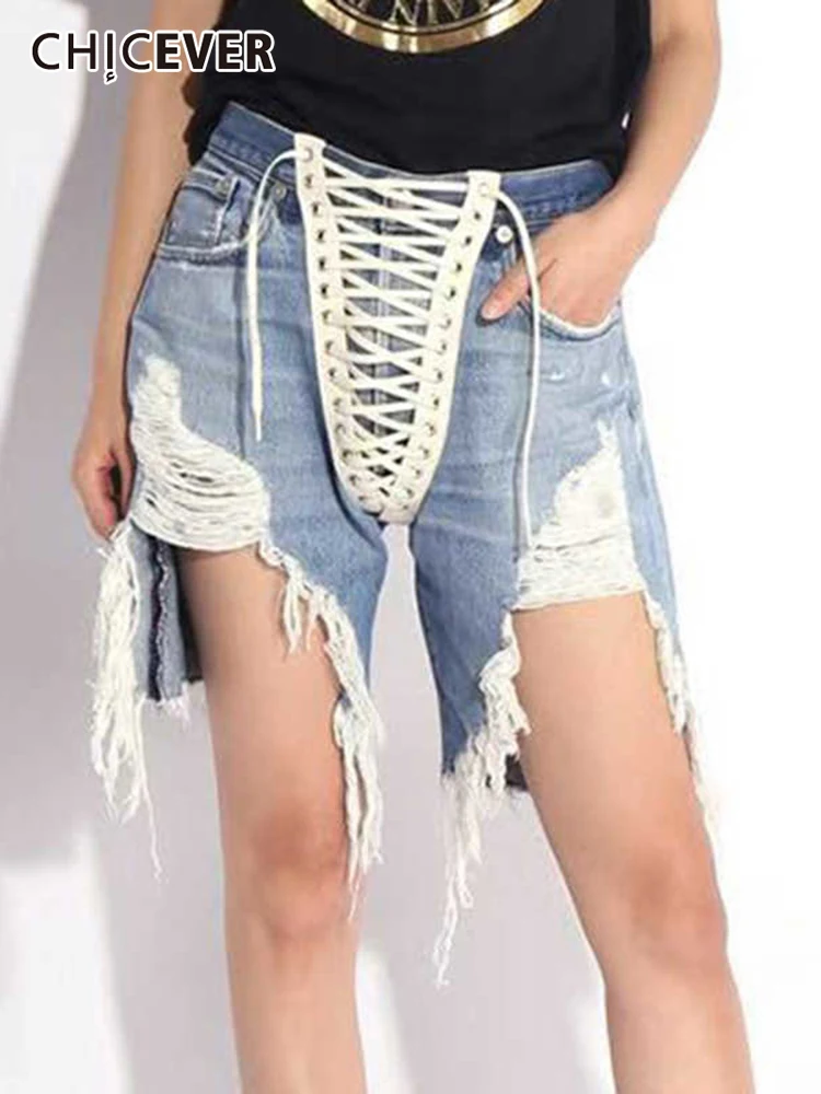 

CHICEVER Patchwork Ribbons Short Trousers For Women High Waist Hollwo Out Casual Temperament Shorts Female Fashion Clothing New