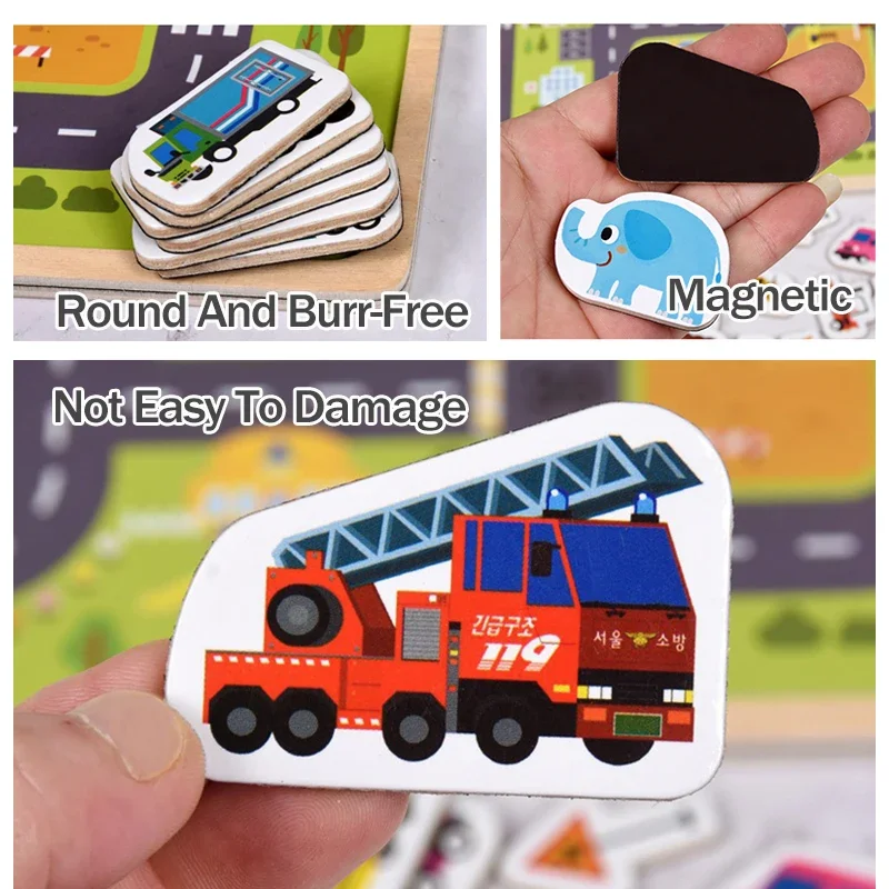 خشبية الأطفال المغناطيسي لغز الحيوان مشاهد المركبات المرورية لعبة ثلاثية الأبعاد بانوراما لعب الاطفال هدايا التعلم التعليمية المبكرة #4