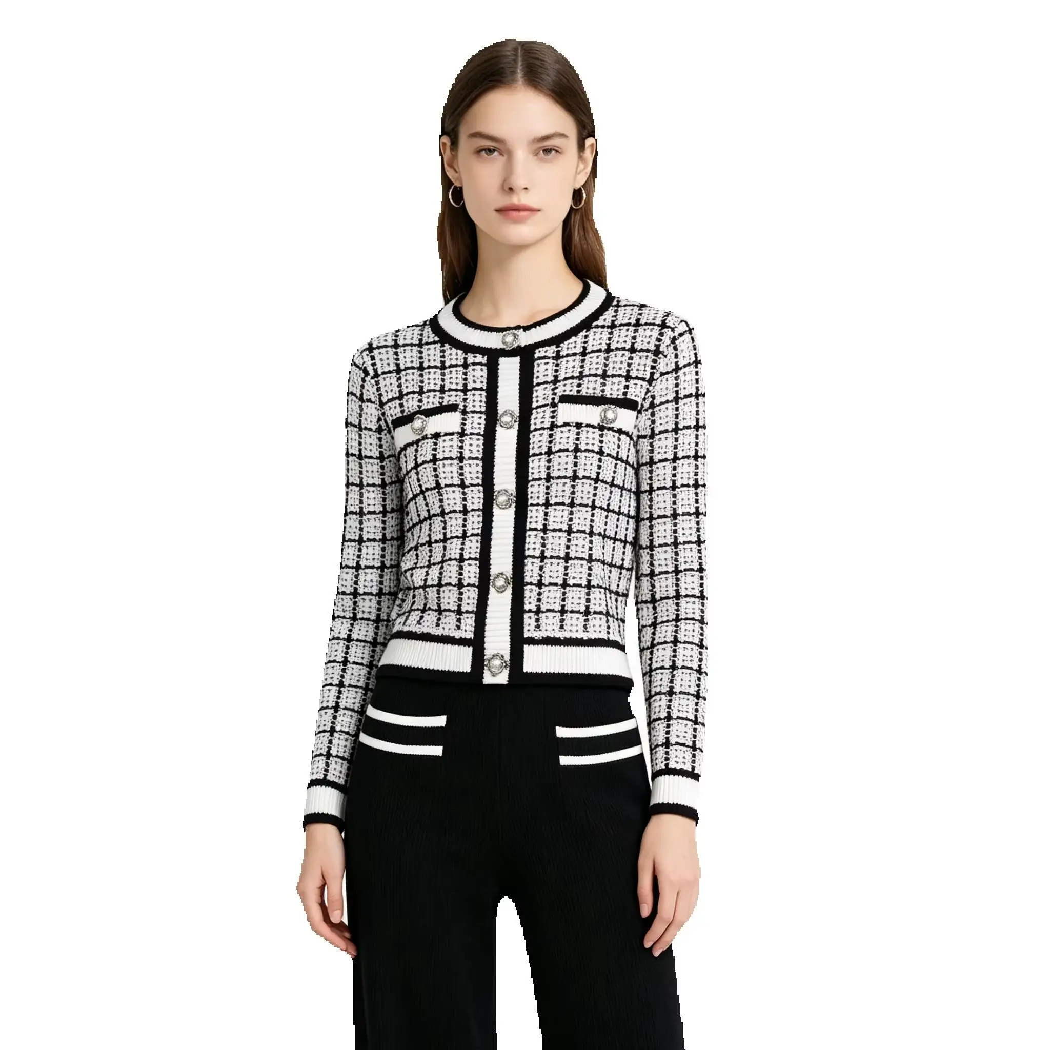 High End Quality Spring And Autumn New Fashion Commuting Plaid Knitted Internet Celebrity Casual Style Top Jacket+Pants Set