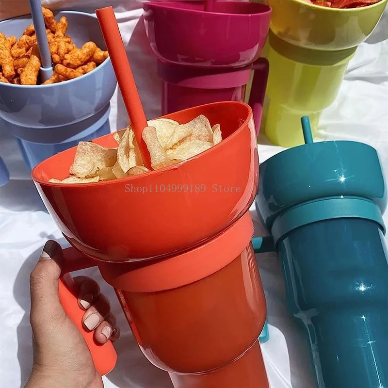 Nuevo Taza creativa 2 en 1 para palomitas de maíz, taza para bebidas integrada con asa, taza para bebidas portátil, diseño novedoso y muchas funciones