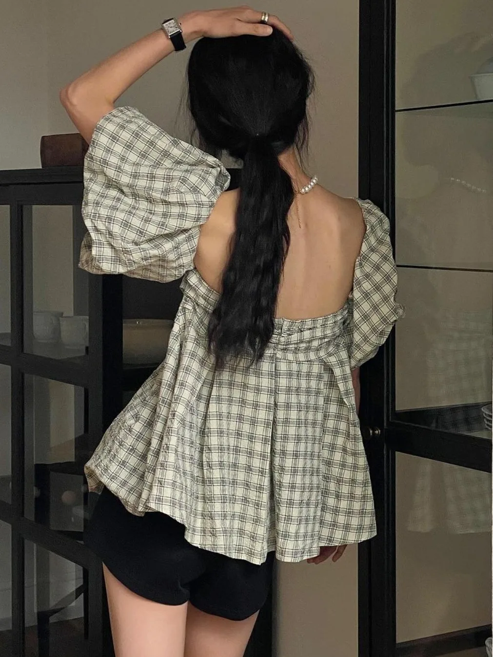 Csa Retro de verano e con cuello cuad y manga de burbuja, Top de moda para mujer con empalme a cuadros y pad...