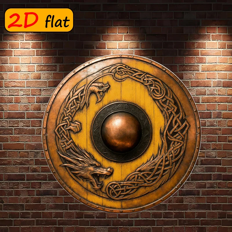 Celtic Knot & Double Beast Head Round Aluminum Sign, 20x20 cm Outdoor Plaque, Viking Norse Mythology Themed Gift for Home Office