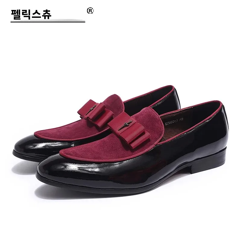 Mocassini da uomo fatti a mano in vera pelle verniciata Patchwork in pelle scamosciata con papillon calzature da sposa scarpe eleganti da banchetto