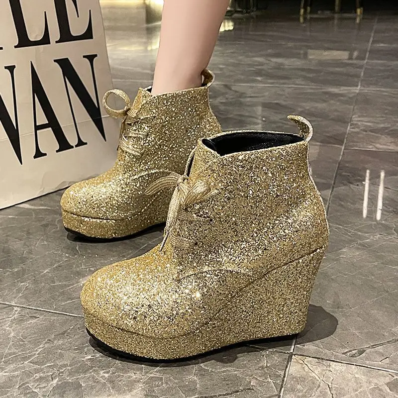 

Fashion Bling Wedge Women's Ankle Boots Autumn and Winter Thick Sole Lace-up High Heels Women Shoes Travel Banquet Botas Mujer