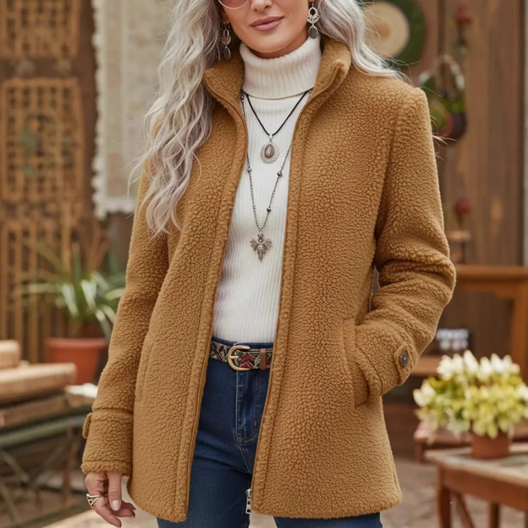 Women's Camel Fleece Jacket Stand Collar Zip Up Warm Winter Coat with Pockets