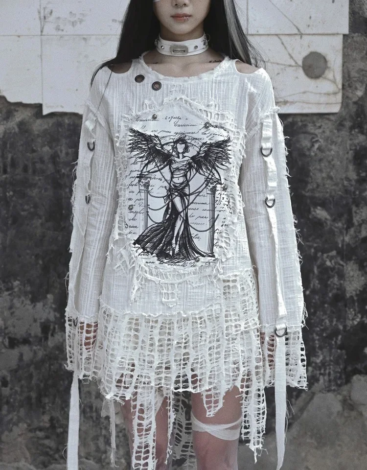 

Blood Supply Knitted Holes Punk White Asymmetric Designer Shirt Printing Long Sleeve Subculture Hollow Out Tshirt Top