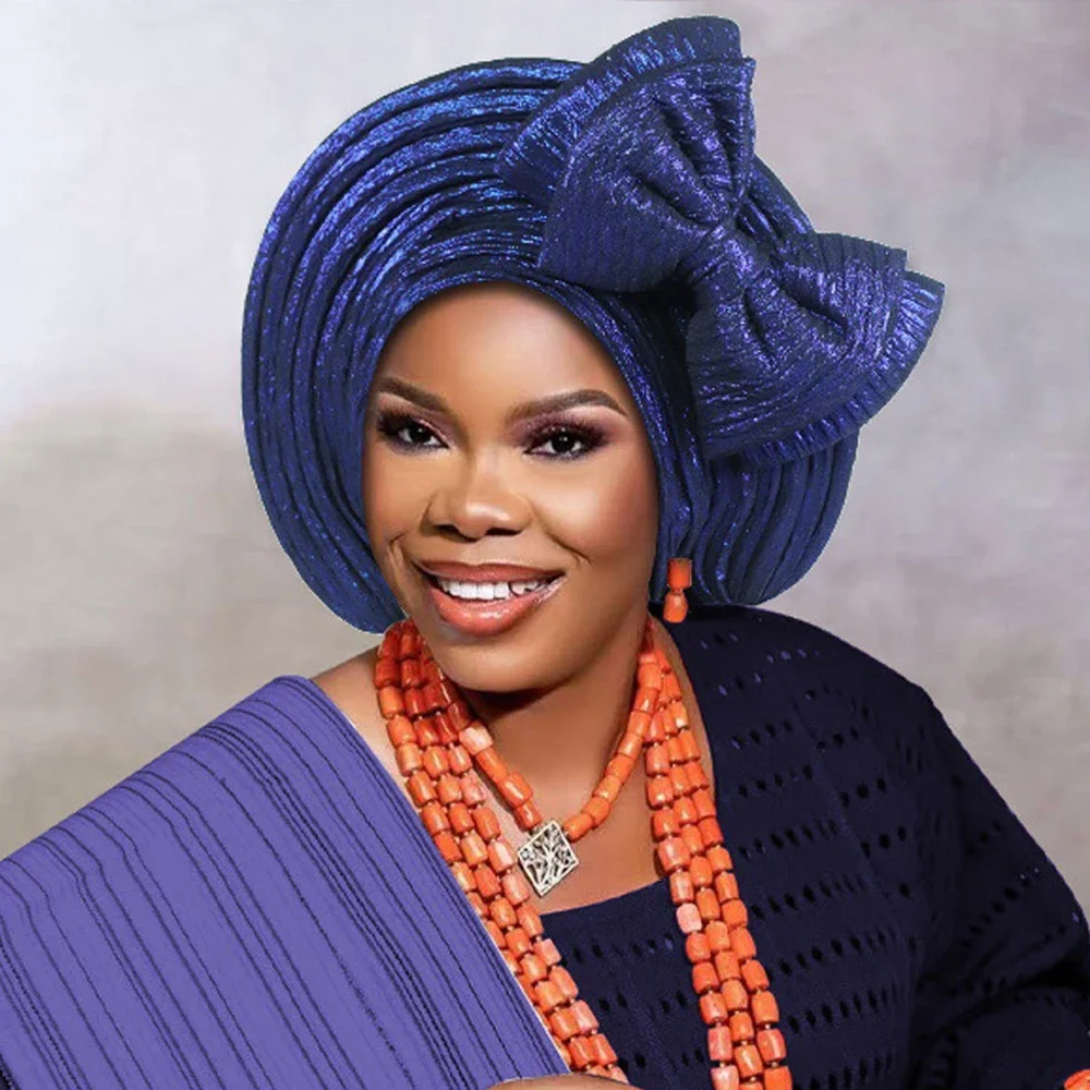 

Блестящая шапка-тюрбан с бантом для женщин, африканский головной убор Auto Gele Aso Oke, нигерийский головной убор для свадебной вечеринки, ж готовый капот, повязка на голову