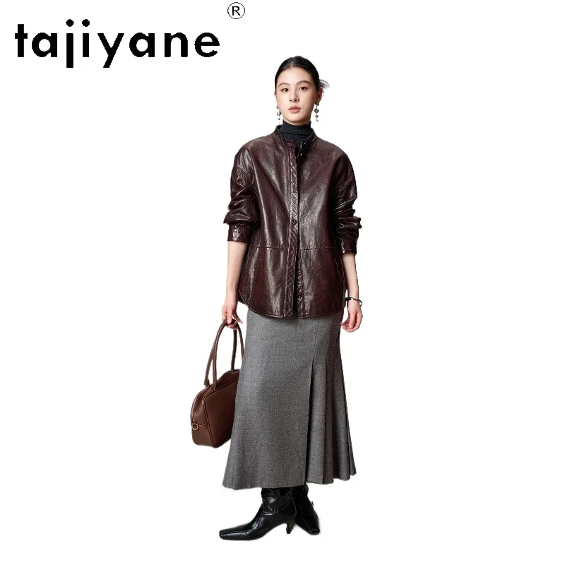 TAJIYANE Oil-Waxed Goatskin Leather Coat Women Mid‑Length Loose Coats New Autumn Genuine Leather Jacket Woman Clothing 2026 가죽자켓