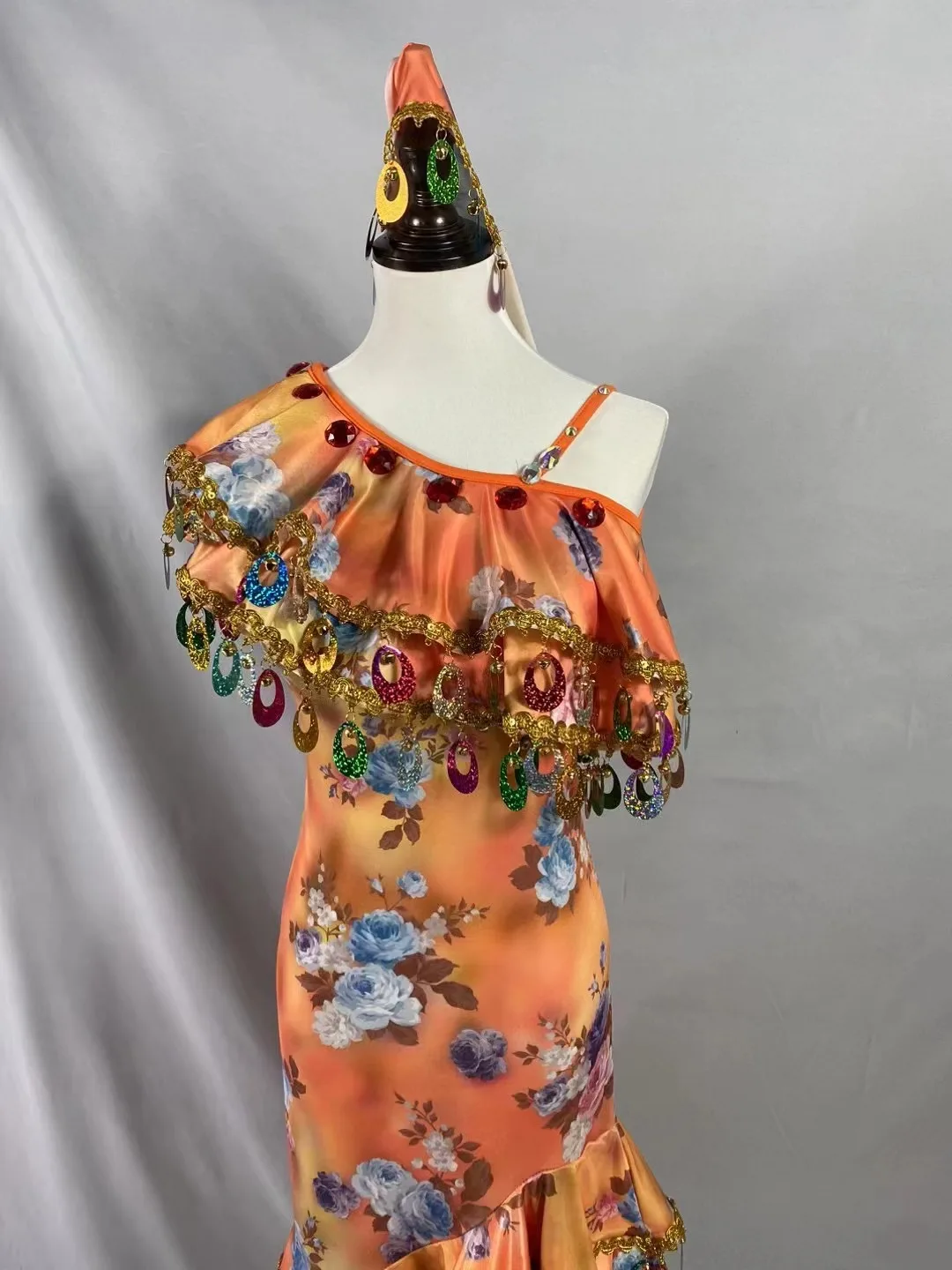 Belly Dance Costume for Women Diagonal Shoulder Long Skirt Oriental Professional Wear Outfit Print Slim Sequined Diamond-studded