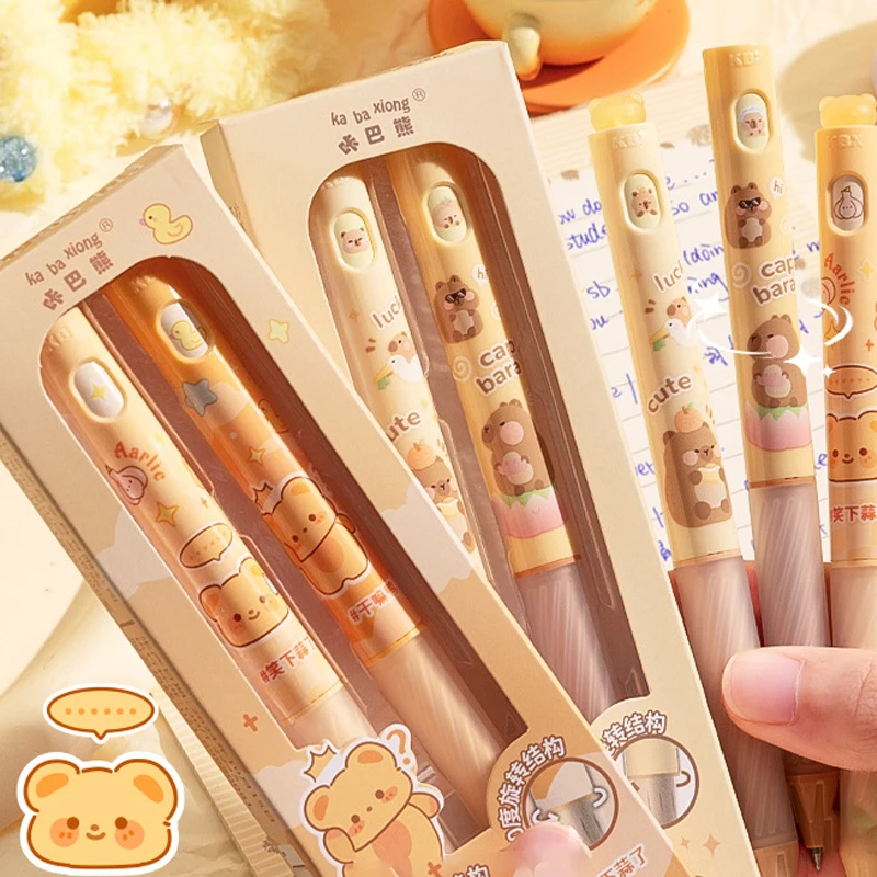 2Pcs Cartoon Kawaii Capybara Rotating Erasable Pen Cute Soft Touch Neutral Pens Student Stationery School Office Supplies Gifts