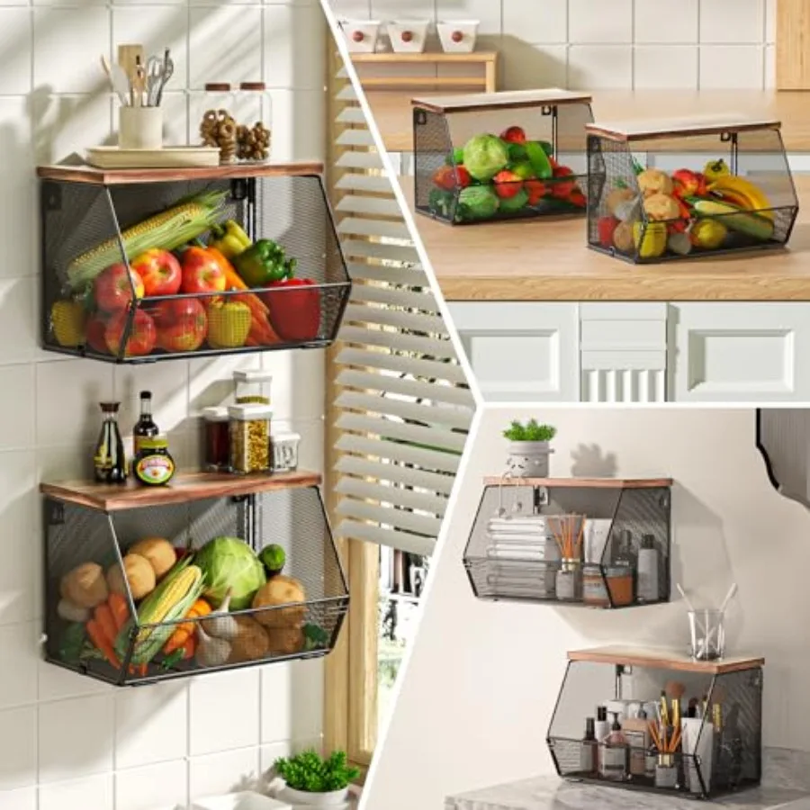 2 Tier Fruit Basket for Kitchen Counter, Stackable Onion and Potato Storage Basket, Wall Mounted Wire Basket with Wood Lid, Han view 6