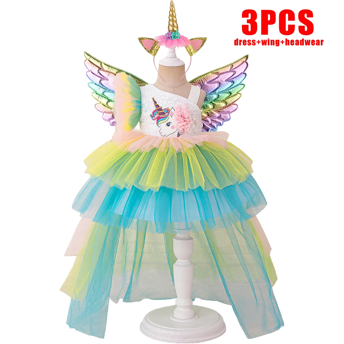 

Rainbow Unicorn Party Baby Girls Dress 3PCS Carnival Halloween Christmas Costume Elegant 1st Birthday Princess Prom Baby Dresses