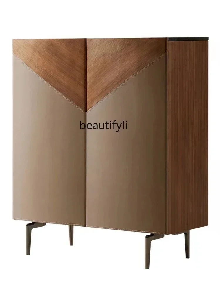 

Q181 Italian Minimalist Saddle Leather Sideboard Cabinet High-End Large Flat Marble Entrance Cabinet Solid Wood Cabinet