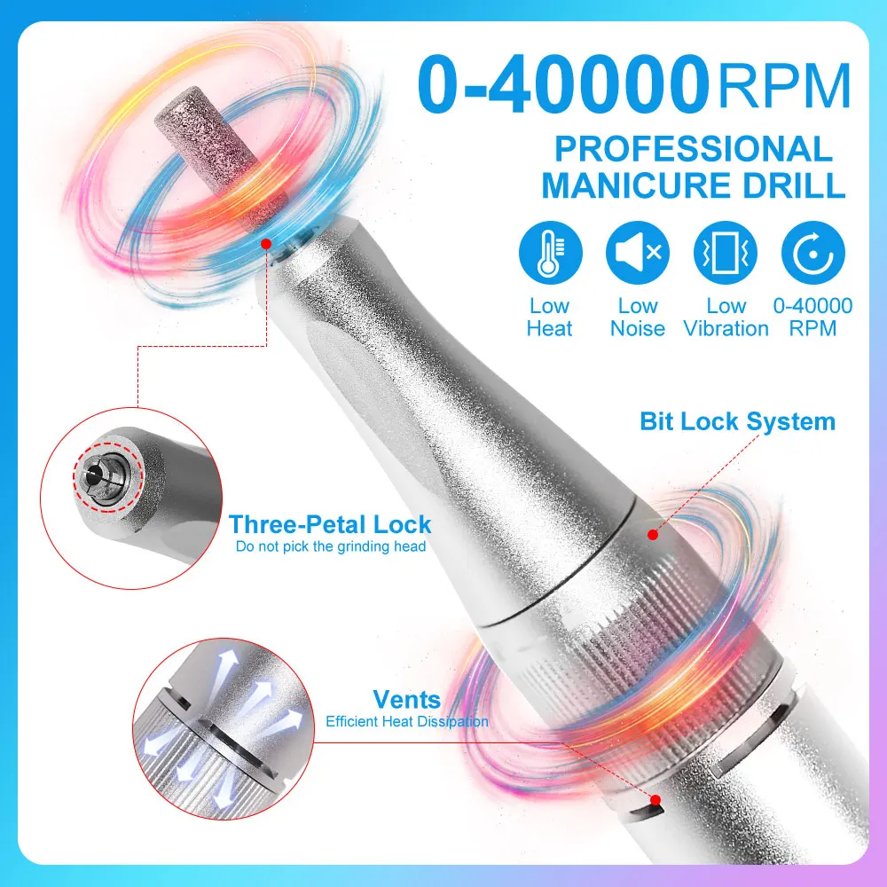40000RPM Rechargeable Electric Nail File Low Noise Electric Nail Drill Professional Nail Sander File for Nail Salon Tools