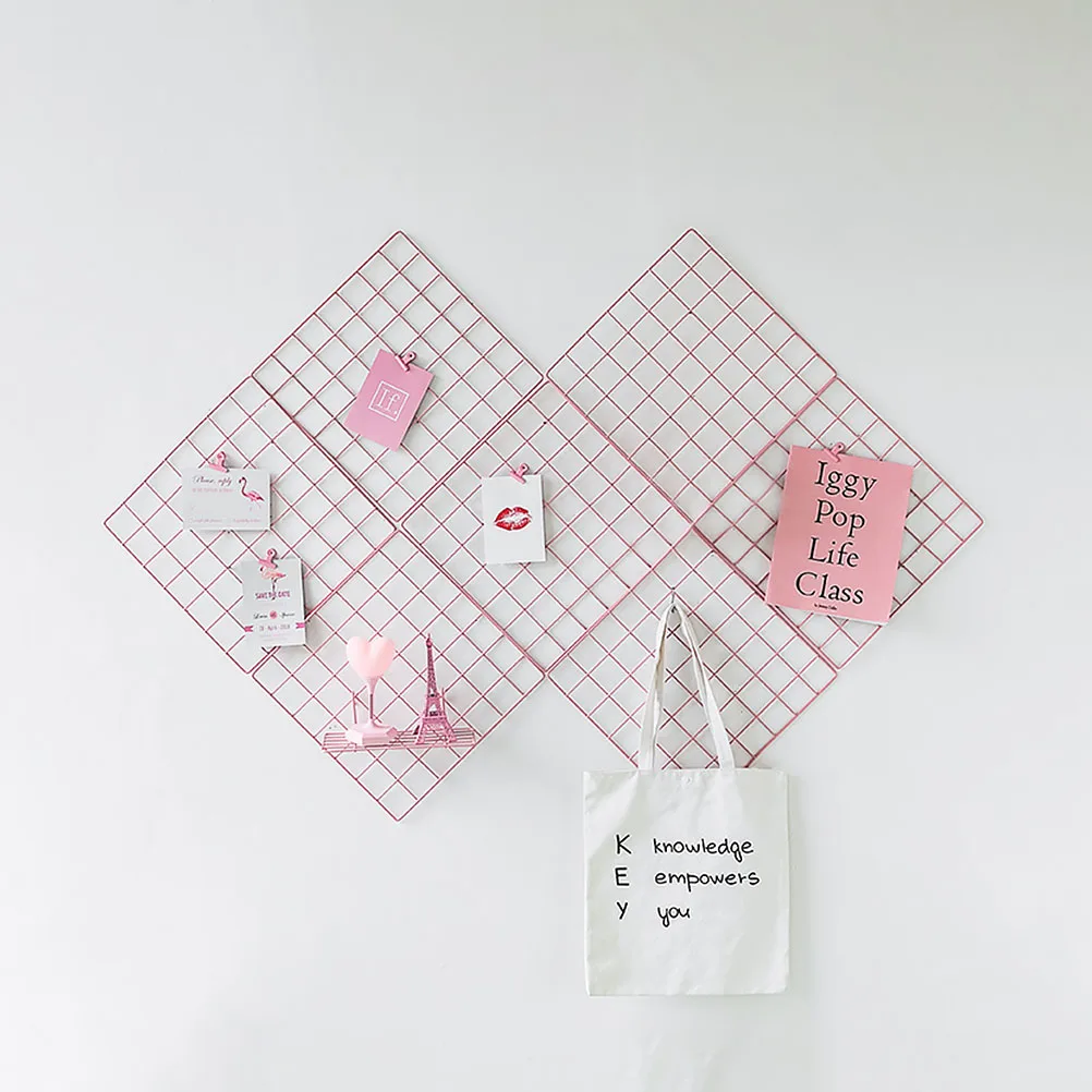 

4pcs Decoration Pink Iron Grid Nets Wall Hanging Ornament Hanging Display Photos Organizer Room Storage Rack Organizer