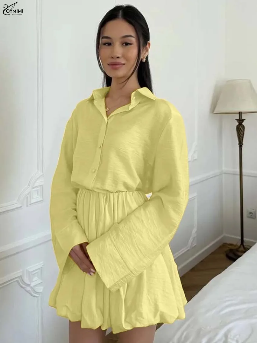 Oymimi Fashion Yellow Two Pieces Outfits Woman Elegant Turn-Down Collar Long Sleeve Button Shirts And Pleated Mini Skirts Sets