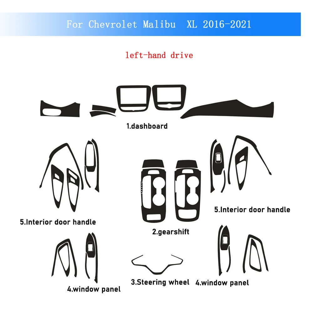 

Наклейка из карбонового волокна для Chevrolet Malibu XL 2016-21: пленка для интерьера, центральной консоли, приборной панели, дверных ручек, панели управления климат-контролем