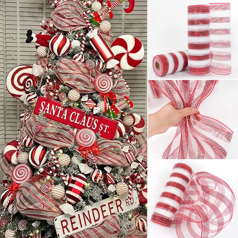 

10Yards 26CM Christmas Tree Gauze Mesh Tulle Roll Red White Christmas Flower Wreath Mesh DIY Xmas Tree Ribbon Decoration Navidad