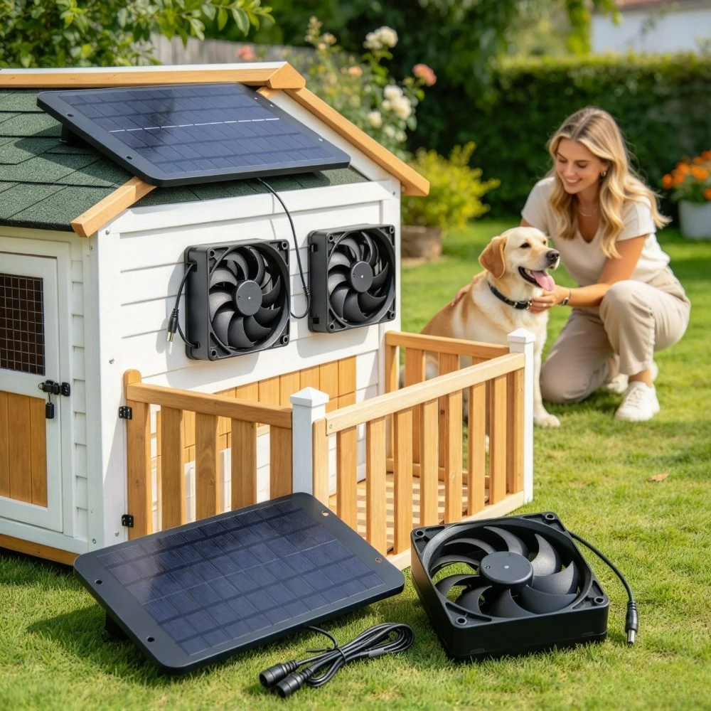 Waterproof 15W Solar Two Fans Kit Solar Powered Double Vent Exhaust Cooler for Chicken Coop Dog Kennel Greenhouse RV Camper Pet