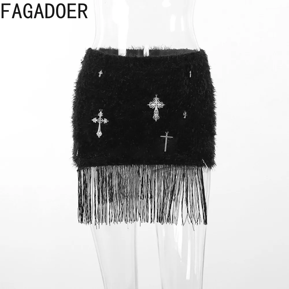 FAGADOER Autumn Fashion Fur Printing Tassels Mini Skirts Black Women High Waist Skinny Skirts Y2K Female Party Nightclub Clothes