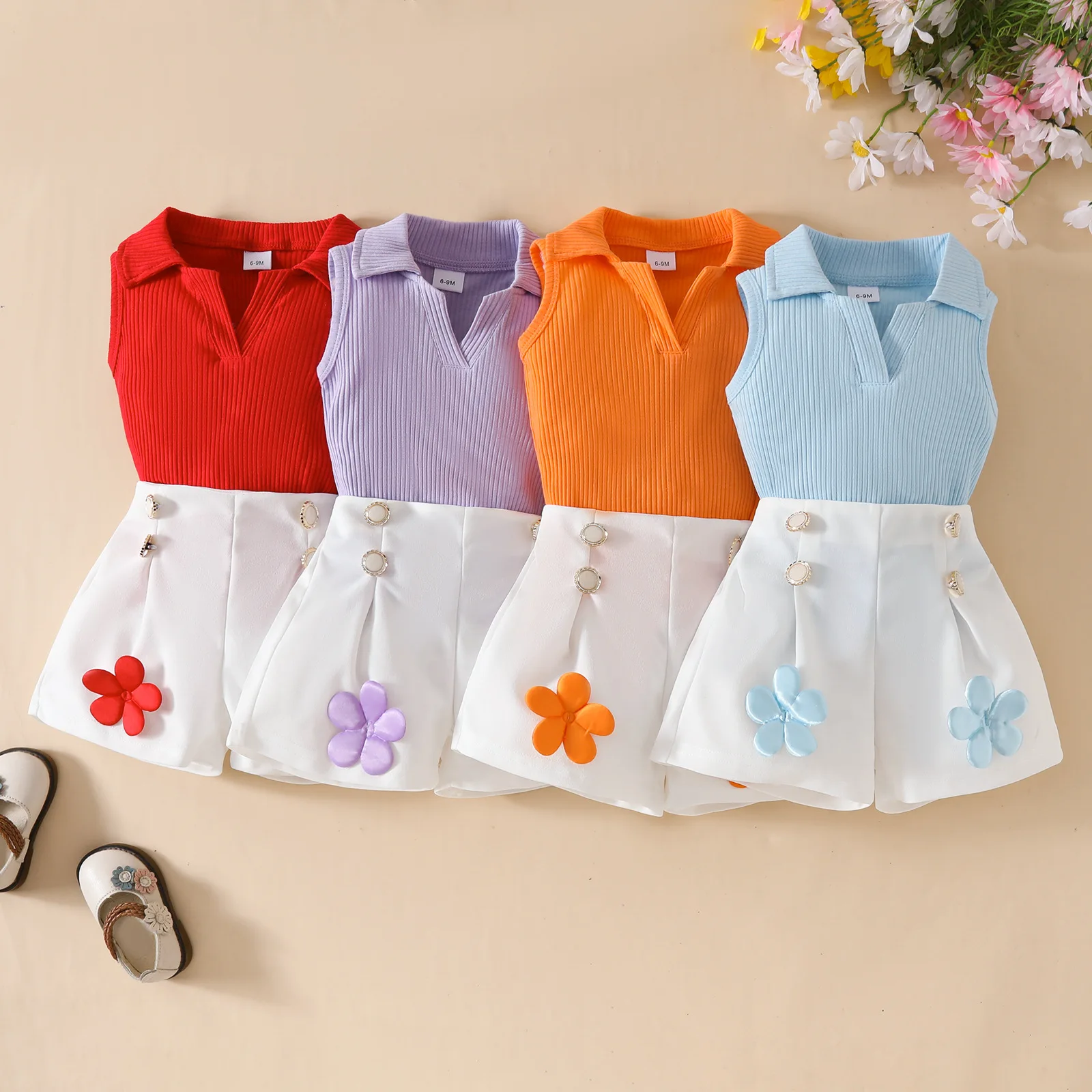 Baby Girl ClothesSweet Step Girl Sleeveless ~Pit Strip Top with Stickers Button Shorts Summer Two Piece Set3612