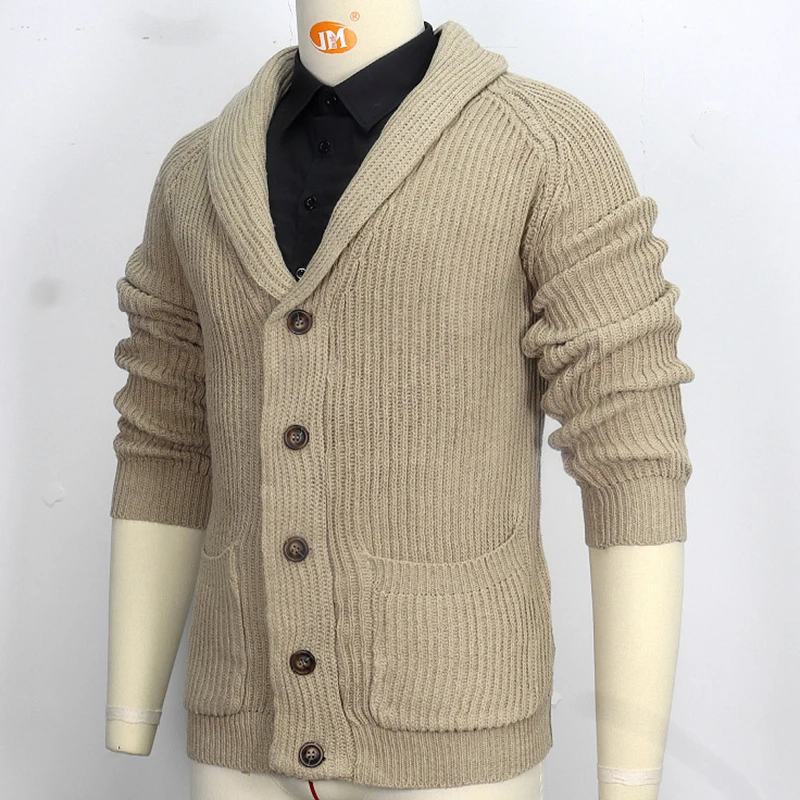 Men\'s Cardigan Sweater Autumn and Winter Solid Color Lapel Long Sleeved Outerwear Knitted Sweater Retro Sweater Clothing