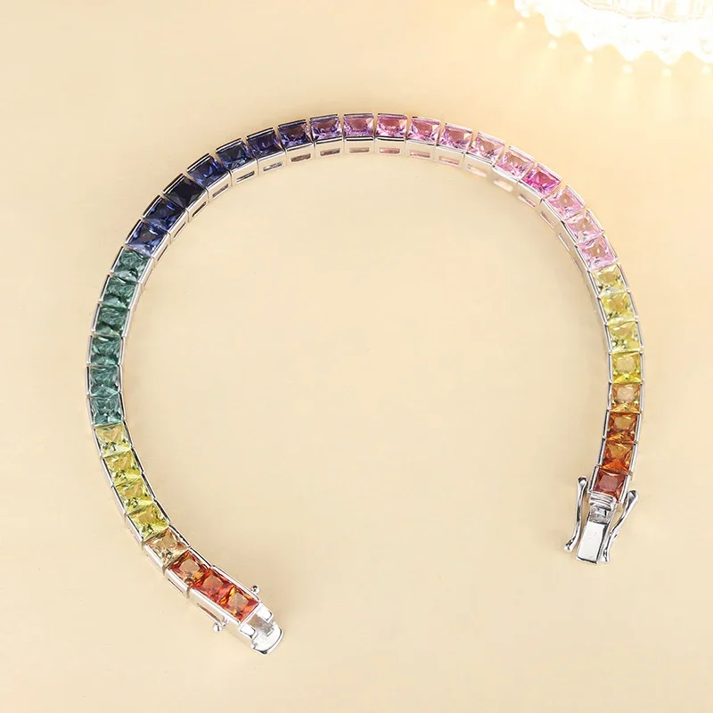 

RUIF Hot Sale Rainbow Bracelet S925 Silver Setting 4x4mm Square Lab Created Sapphire Fashion Jewelry for Christmas Gifts