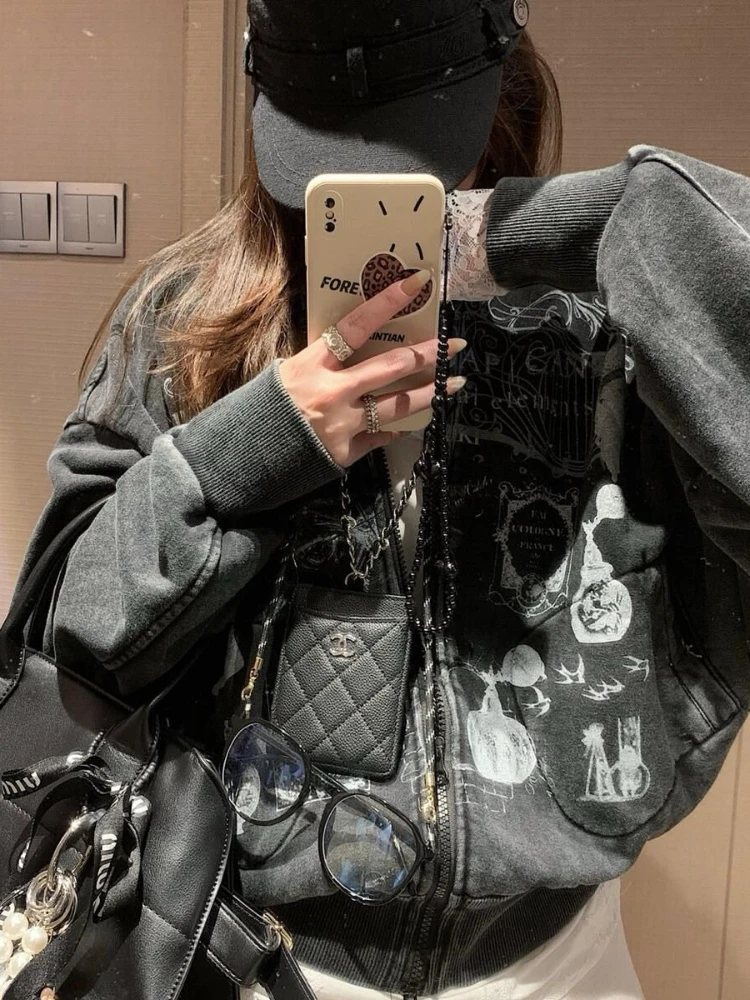 2025 American Retro Print Cartoon Sweatshirt Women Zip Up Long Sleeve Jackets Coats Casual Hooded Sweatshirt Y2K Streetwear Tops