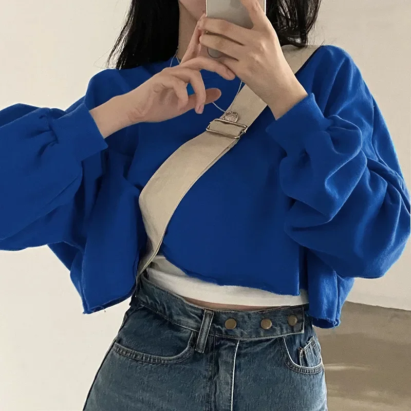 Spring Autumn Women Chic Crop Tops Solid Colors Long Sleeve Short Pullovers Simple O-Neck Loose Casual Sweatshirts Cute Girls