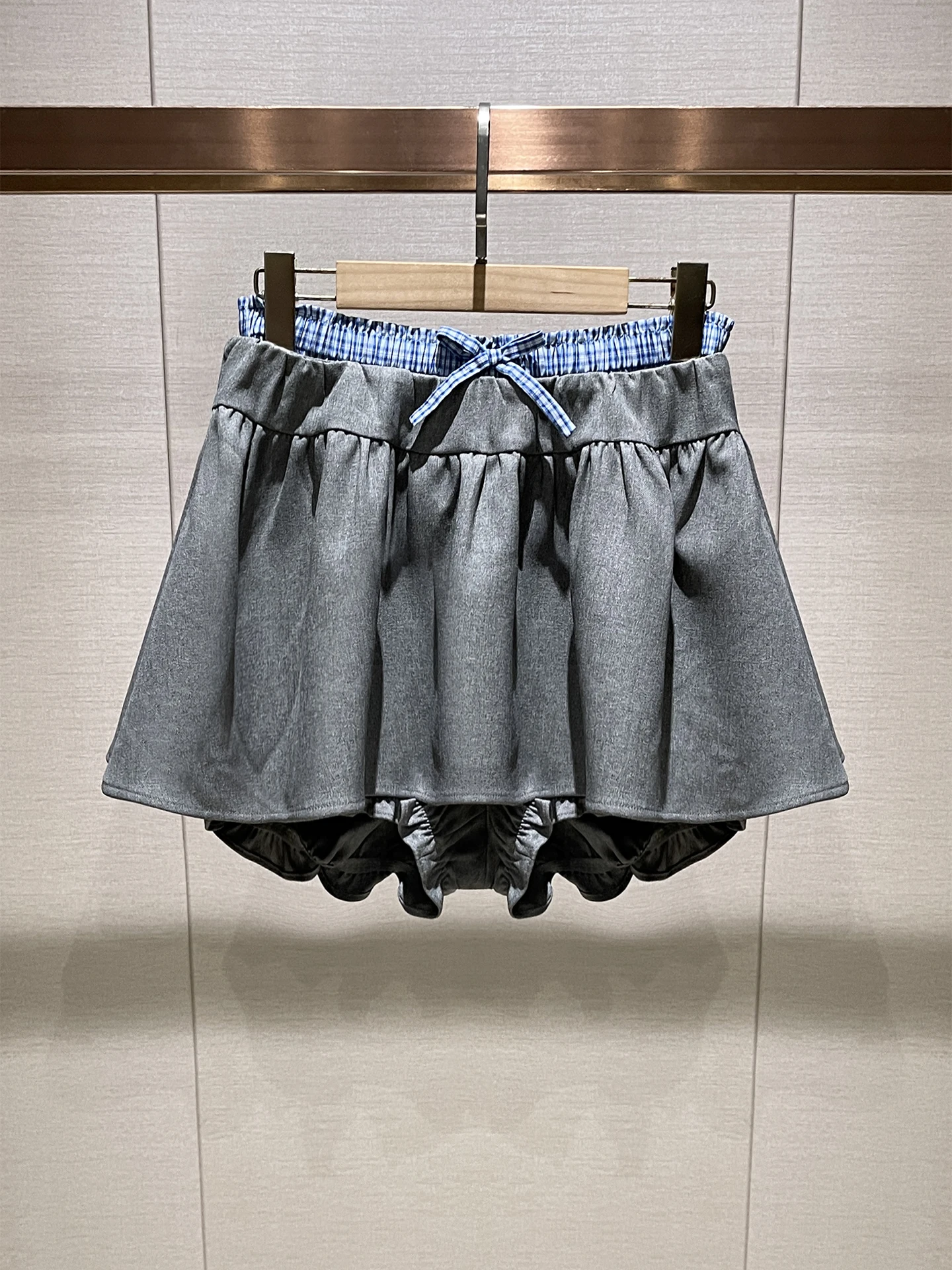 

High Waist Pleated Skirt Pants Women's Wide Leg ort orts Knot Elastic Waist Plaid Splicing Slimming Ladies' Clo...