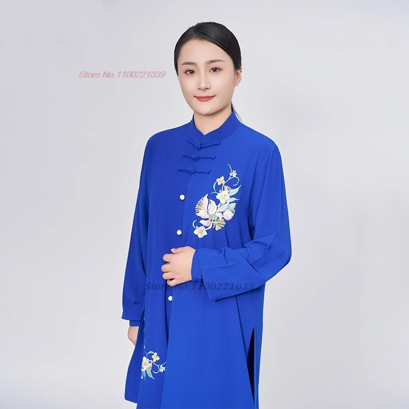 2024 chinese tai chi wushu uniform morning exercise tops+pants set flower embroidery training practice stage team performance