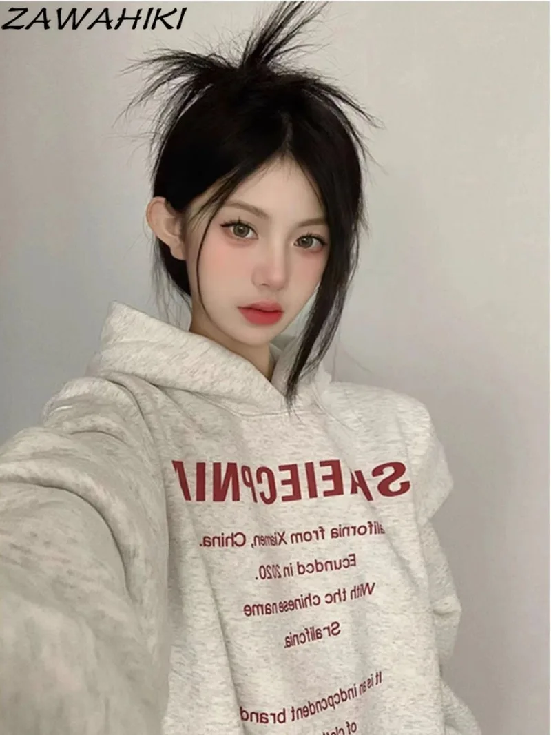 

Hoodies Women American Retro Loose Fashion High Street Loose Oversize Chic Letter Print Long Sleeve Y2K Streetwear Sweatshirt