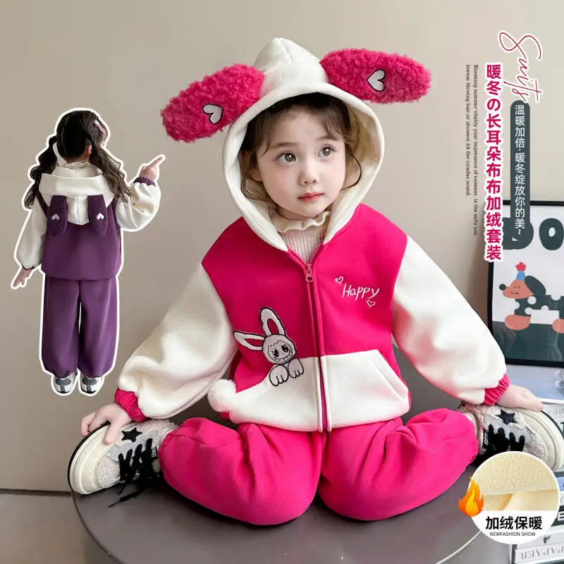

Girls' Thick and Warm Kawaii Hoodie Set 2025 New Winter Children's Cartoon Anime Sportswear Set Sweet Casual Christmas Clothing