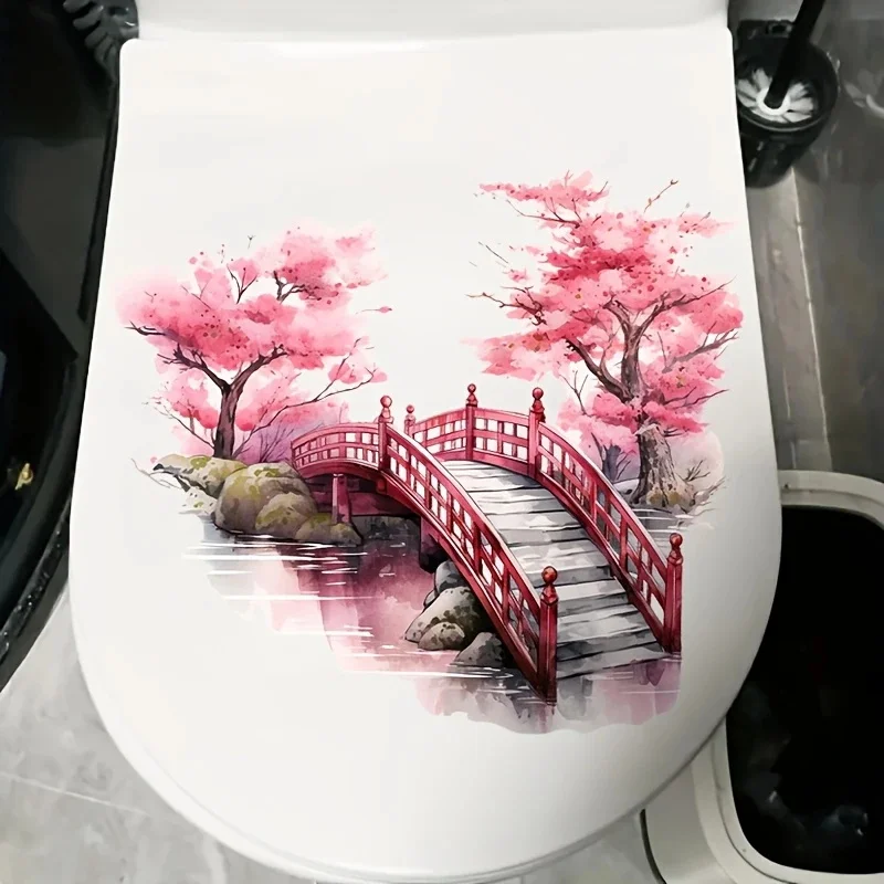 MT1299 # ملصق مرحاض Cherry Blossom and Bridge - ديكور حمام ذاتي اللصق مع تصميم مناظر طبيعية صامتة، شجرة وردية متفتحة #4