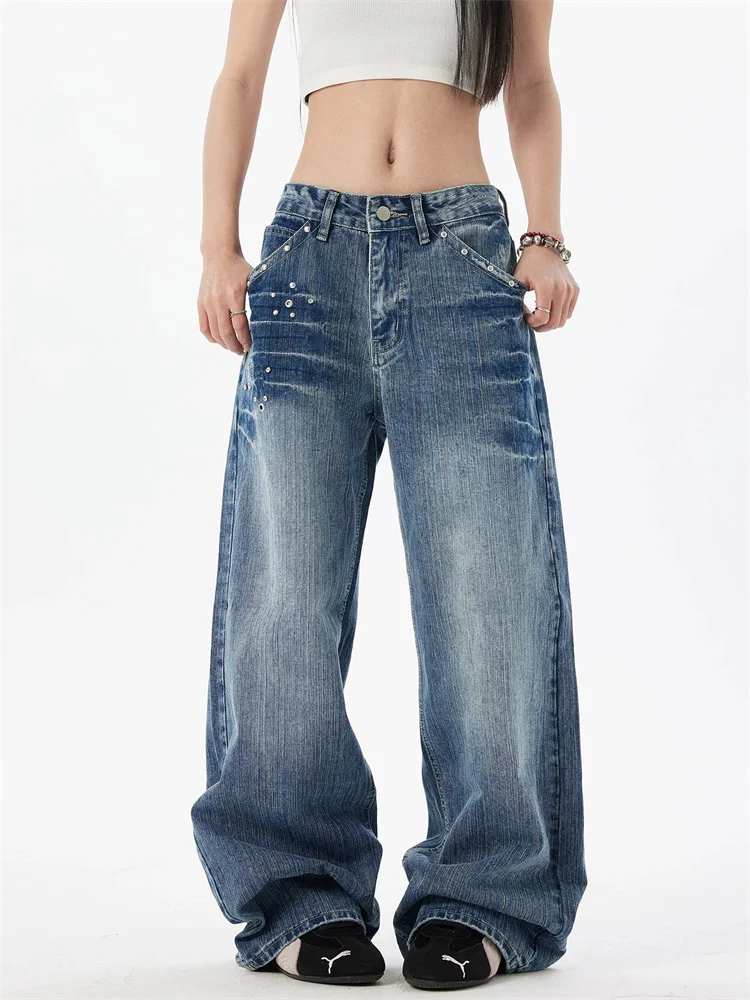 American Vintage Small Batch Studded Textured Jeans Women Distressed Washed Straight Leg Trousers Casual Streetwear Denim