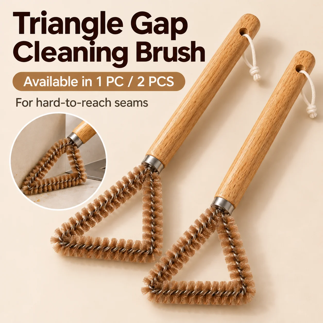 1/2PCS Triangular Crevice Cleaning Brush with Wooden Handle Dense PP Bristles for Gas Stove Sink Edges Bathroom Grout Cleaning