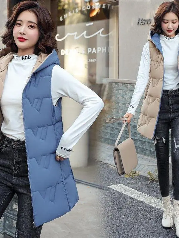 เสื้อกั๊กผ้าฝ้ายมีฮู้ดสำหรับผู้หญิง ความยาวปานกลาง 2-in-1 ให้ความอบอุ่น ฤดูใบไม้ร่วง ฤดูหนาว ดีไซน์เกาหลี ทรงเข้ารูป แฟชั่นใหม่