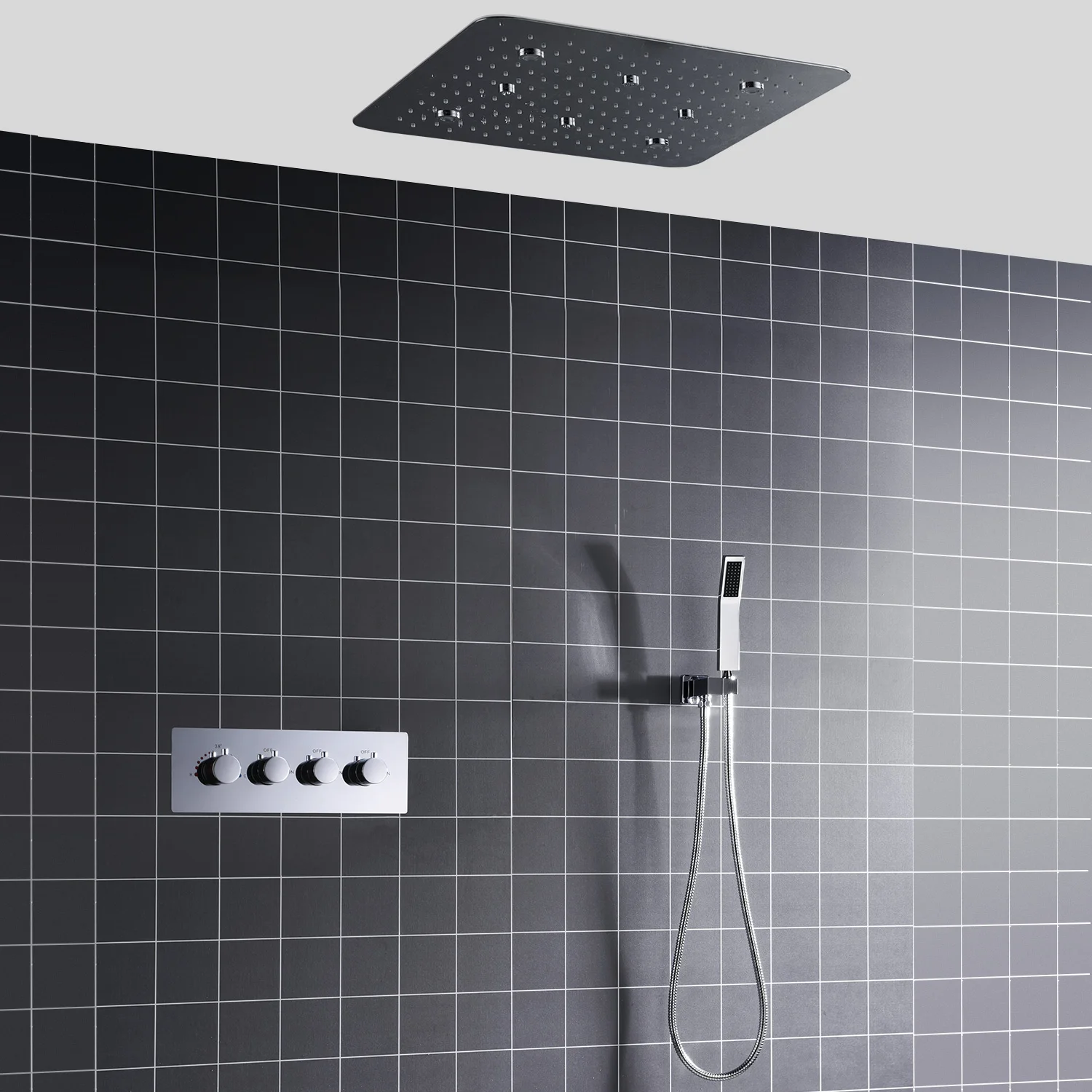 hm Ceiling LED Shower Set 20 Inch SPA Spray Rainfall Shower Head Panel Bathroom 3 Ways Thermostatic Diverter Faucets System