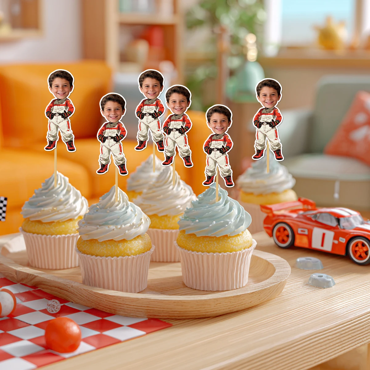 Personalisierter Geburtstags-Rennwagen-Kuchenaufsatz mit individuellem Gesichtsfoto, Rennsport-Thema, Meilenstein-Geburtstagsfeier, Kuchendekoration – Detail 12