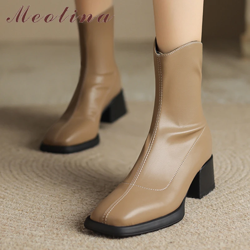 

Meotina Women Ankle Short Boots Square Toe Chunky Mid Heels Zipper Western Cowgirl Boots Ladies Fashion Shoes Autumn Winter 43