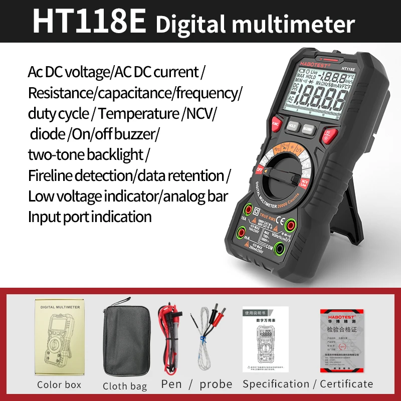 HT118E Profesional Digital Multimeter 19999 counts Smart Multimetro DC AC Voltage Capacitor Ohm Diode NCV Hz Electrician Tester