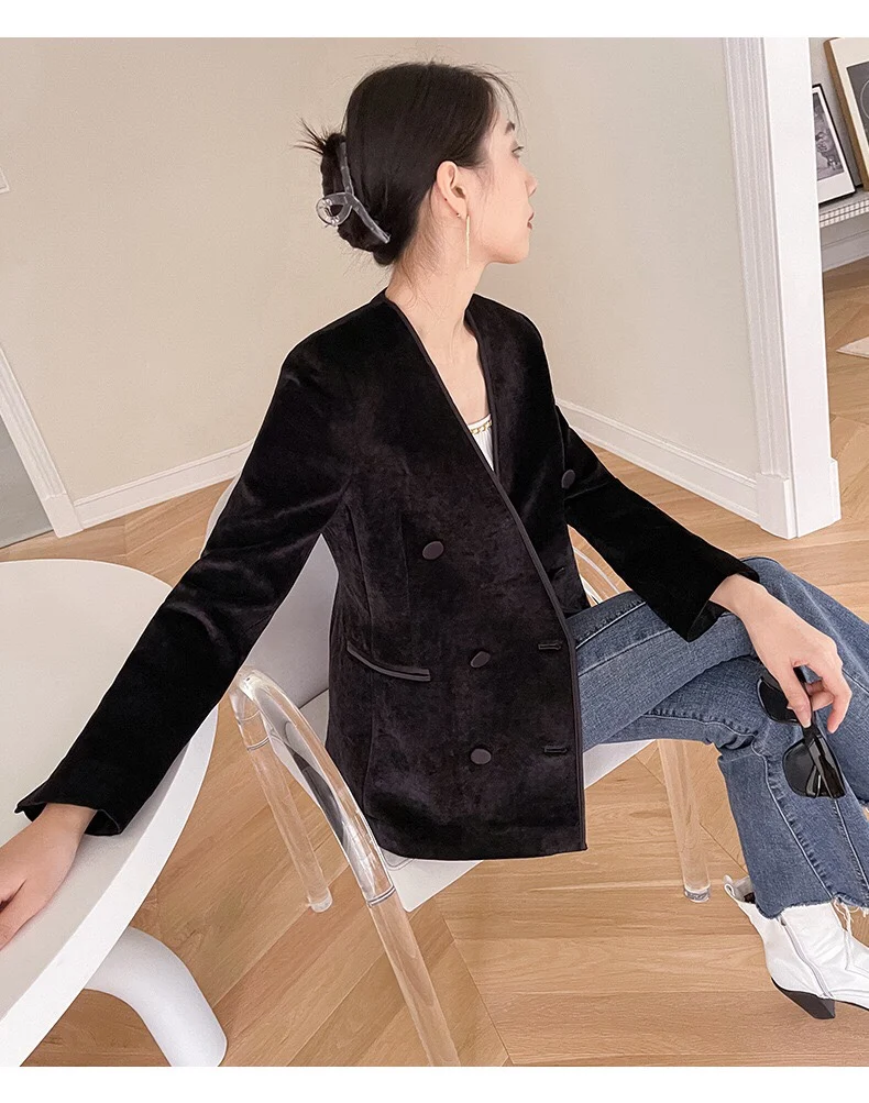 Traje de terciopelo Ele Swan Conjunto de Jaet y orts para mujer V-Ne Ajuste a medida Botón largo Sve Detalle de viaje Sle Otoño Col...